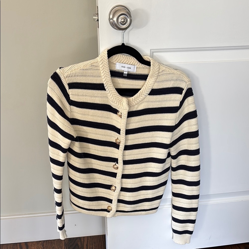 John + Jenn Cream and Black Striped Cardigan Sweater